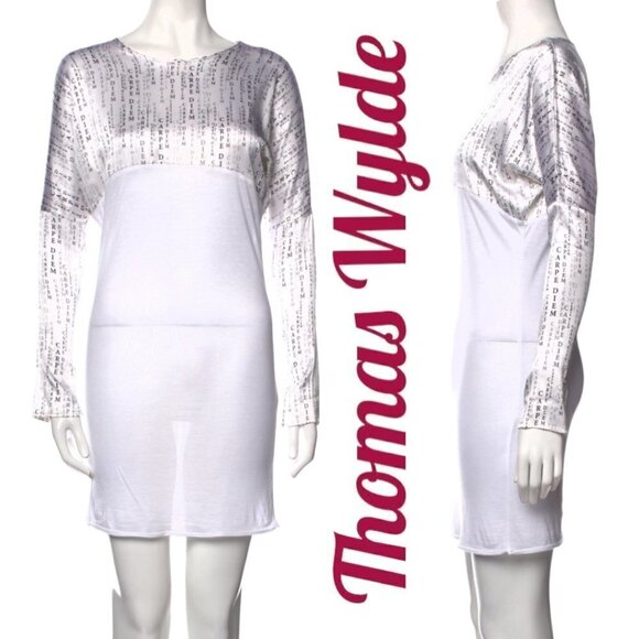 THOMAS WYLDE Carpe Diem Graphic Bateau Neckline Long Sleeve White Mini Dress, S - Picture 13 of 15